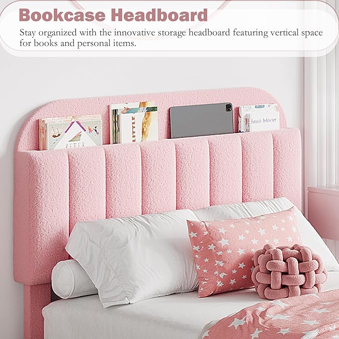 Twin XL Bed Frame with Storage Headboard and 2 Drawers, Boucle Upholstered Platform Bed with Bookcase, Modern Kids Twin XL Bed Frames for Small Rooms, No Box Spring Needed, Easy Assembly, Light Pink