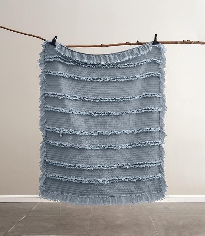 Ultra Soft Pre-Washed Quilted Throw Blanket, Ruffle Fringed Dark Blue Decorative Throw, Stone Washed Chic Rustic Blanket for Sofa Couch Bed Chair, 50"x 60"