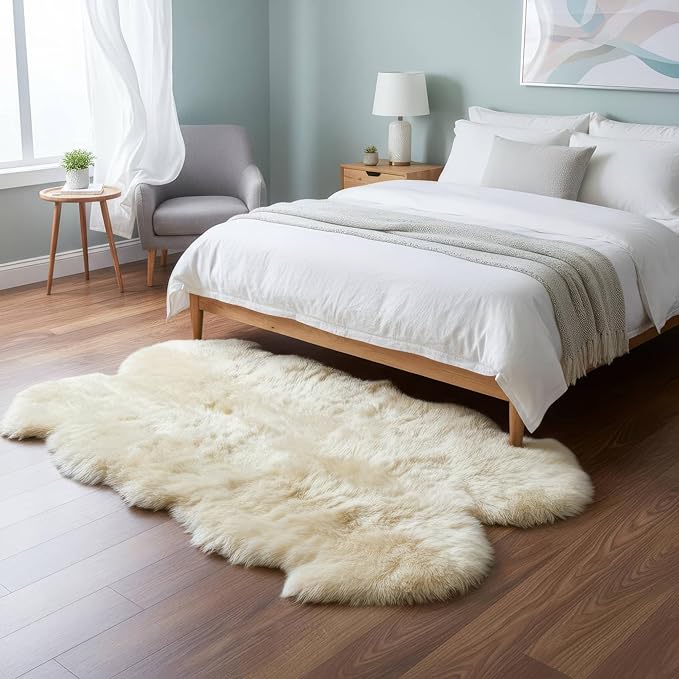Premium Genuine Sheepskin Rug 4x6 ft, Real Fluffy Quad Pelt, Natural Fluffy Fur Area Rug for Living Room, Bedroom & Home Decor - Champagne Color