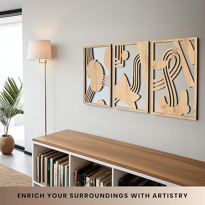 qmmp Modern Wooden Wall Sculptures - Set of 3 - Home Decor Accent - Large Wall Art for Living Room, Bedroom, Office - Easy Installation (Oak, Medium - Abstract Shapes)