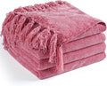 Chenille Throw Blanket for Couch 60"X 80" Twin, Soft Cozy Throws with Fringe Tassel for Bed Sofa Chair Cover, Lightweight Knitted Decorative Boho Blankets for Living Room, Rose Pink