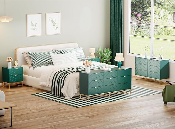 Anbuy 9 Drawer Dresser and Nightstand Sets for Bedroom, Night Stand Set of 2 & 9 Drawer Dresser with Gold Handles, 3 Pieces Bedroom Sets, Morden Wood Chest of Drawers Storage Cabinet Set, Green