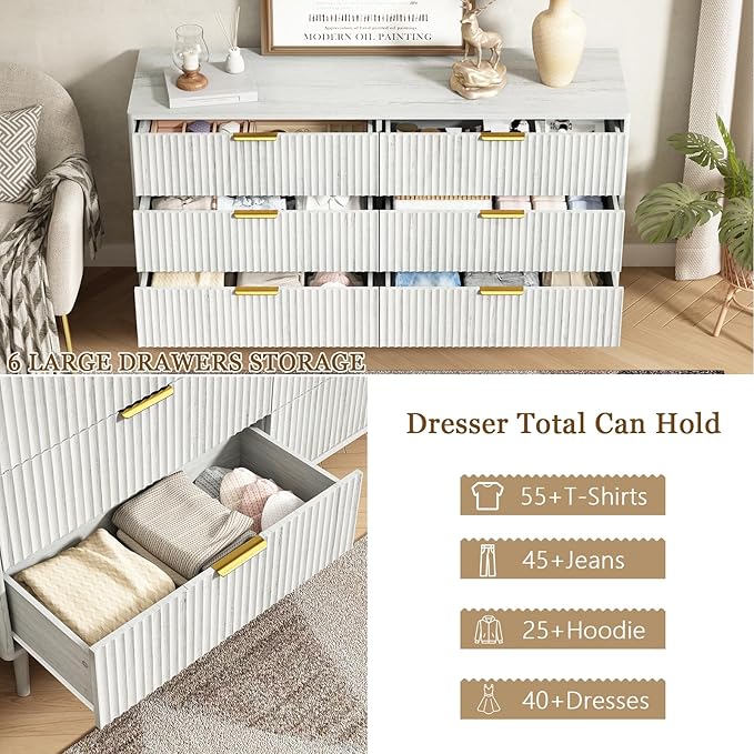 CARPETNAL Fluted 6 Drawer Dresser for Bedroom, 55" Wide Wooden Chest of Drawers with Rounded Corners, Gold Handles, Modern Storage Organizer for Bedroom, Hallway(White)