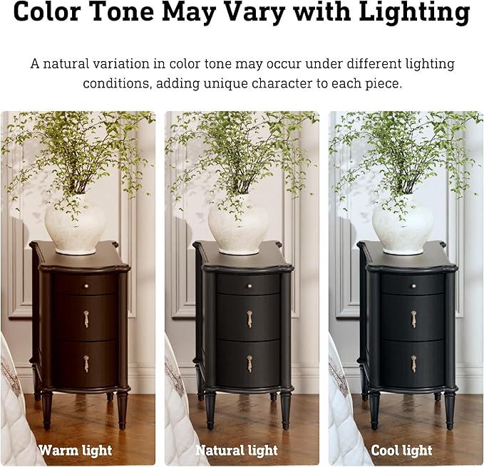 STO'SENSE Nightstand w/Charging Station & 3 Drawers, Pre-Assembled, Vintage Side Table w/Antique-Finished Pulls, Rustic Wood Finish, Narrow End Table w/Turned Legs for Bedroom (2, Black)