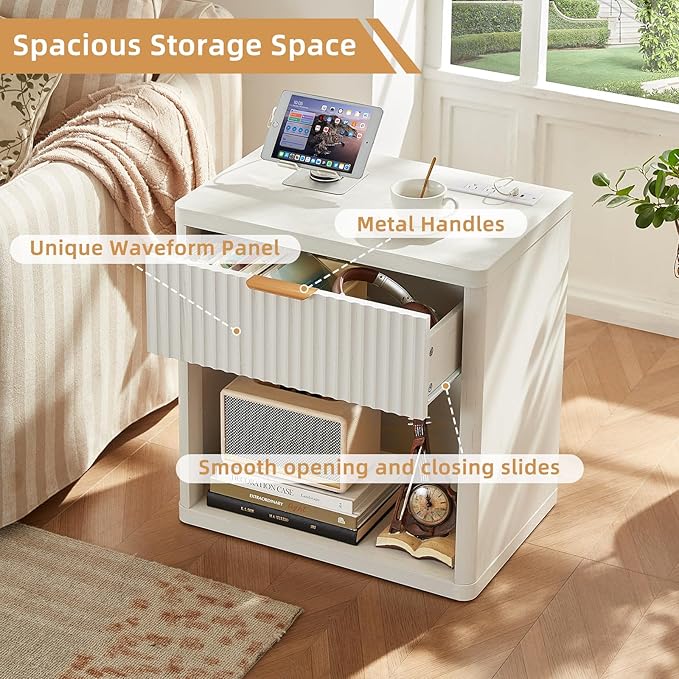 LEYAOYAO 48" Wide Fluted Dresser and 1 Drawers 23" Nightstand Set of 2, Wooden Dresser & Night Stand with Charging Station, 3 Piece Bedroom Furniture Set, Chest of Drawer for Living Room,Antique White