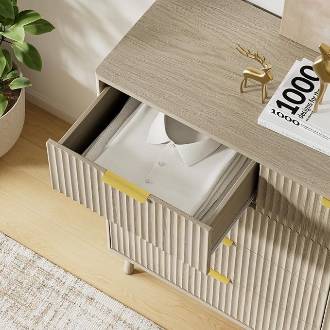 LYNSOM Fluted 9 Drawer Dresser for Bedroom, 55" Wide Modern Chest of Drawers with Curved Profile Design and Metal Handles, Wood Dresser TV Stand & Storage Organizer for Bedroom, Hallway, Beige