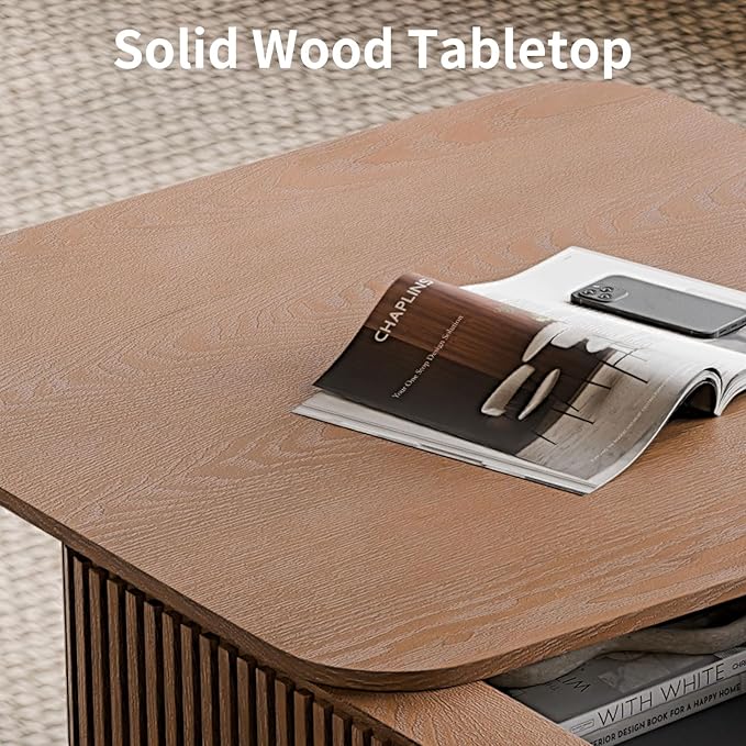 LKTART Coffee Table for Living Room, Accent Fluted Square Coffee Table with Hidden Storage, Modern Solid Wood Veneered Circle Center Tea Table for Small Space Apartment (31.5''D×14''H-Walnut)