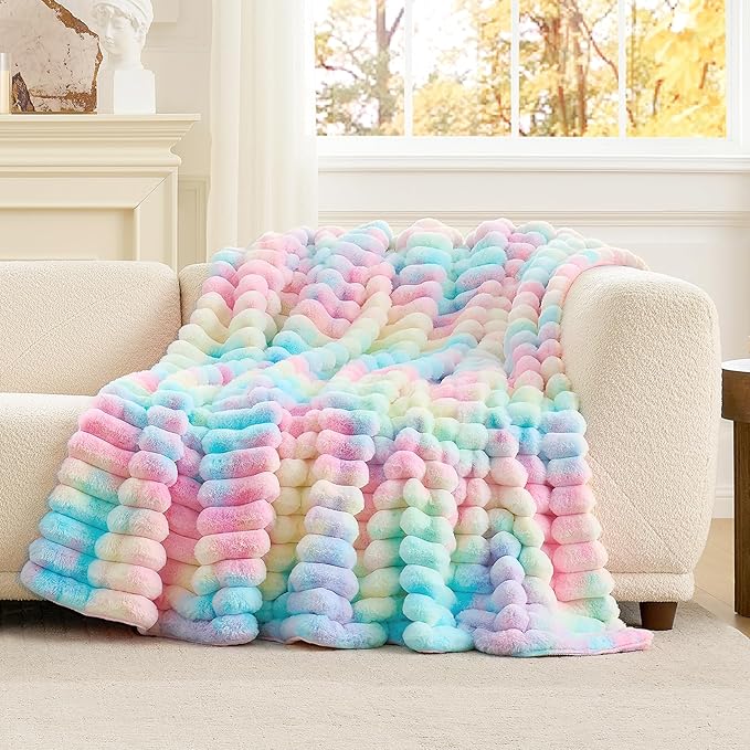 Cozy Bliss Faux Fur Throw Blanket for Couch, Cozy Warm Plush Striped Blanket for Sofa Bedroom Living Room, 50 * 60 Inches Tie-dye Rainbow