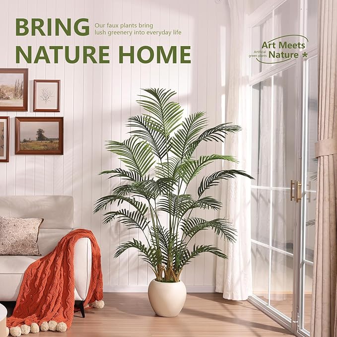 Artificial Palm Plant - 6FT Tall Faux Tree with Realistic Look & UV Protection - Large Indoor Outdoor Fake Floor Plant for Home Office Decor