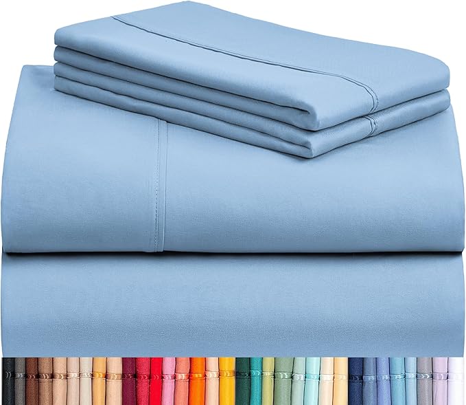 LuxClub 4 PC Full Sheet Set, Deep Pockets Wrinkle Free Cooling Bed Sheets Hotel Bedding for Women, Men, Kids & Teens, Includes 1 Fitted Sheet, 1 Flat Sheet and 2 Pillowcases-Soft Sky