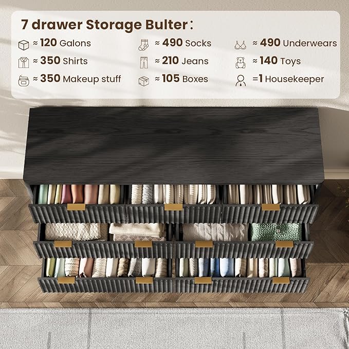 54'' Wide 7 Drawers Dresser for Bedroom,Modern Fluted Vertical Chest with Rounded Corners,Fluted Dresser for Living Room,Hallway, Black