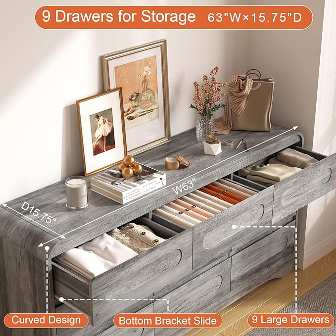 9 Drawer Dresser and Nightstand Sets for Bedroom, 3 Piece Bedroom Set, Wood 9 Drawer Dresser & Night Stand Set of 2, Large Chest of Drawers Modern Storage Cabinet Bedroom Furniture Set, Grey