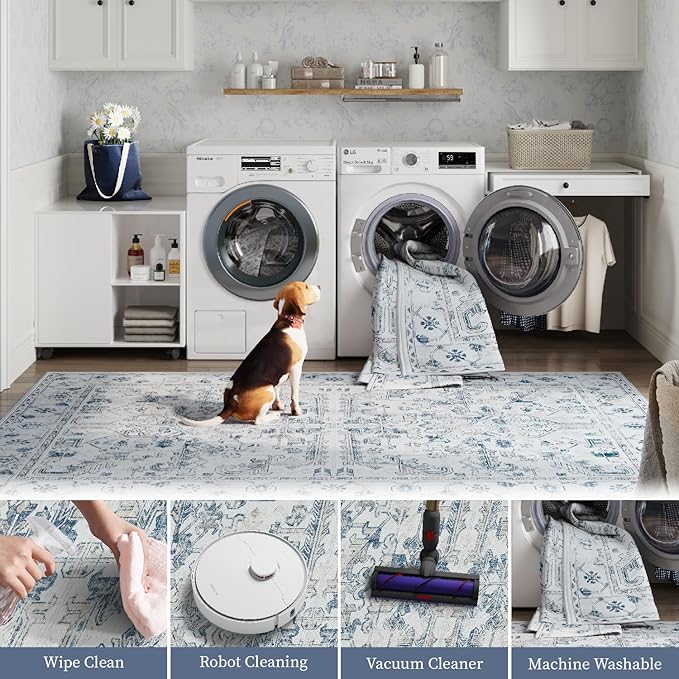 jinchan Lima Kitchen Runner Rug 3x10-2pcs, Bohemian Hallway Washable Rug Floral Non Slip with Rubber Backing Vintage Carpet Runner for Bedroom Bathroom Laundry Room Living Room Decor Blue
