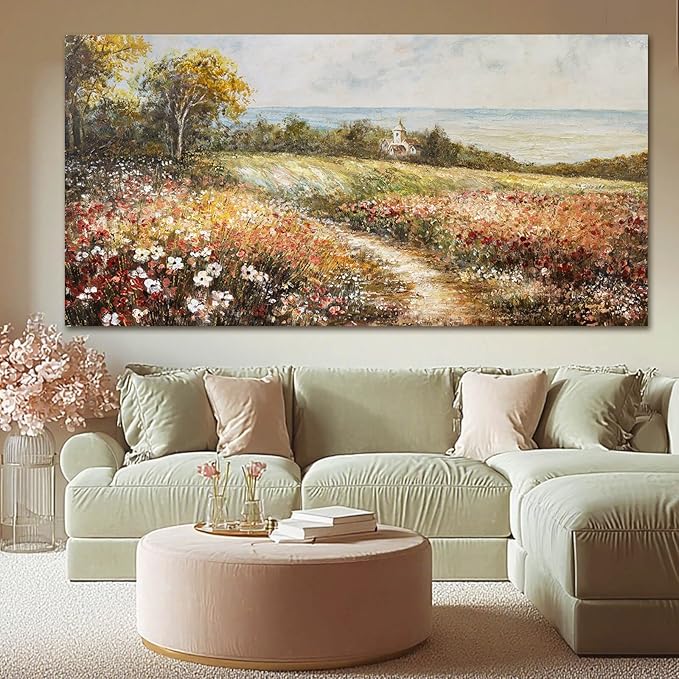 YETHEN WAL Floral Country Meadow Canvas Wall Art – Extra Large Cottage Landscape Panoramic Print, Rustic Farmhouse Countryside Décor for Living Room Bedroom, 29×58 Inch