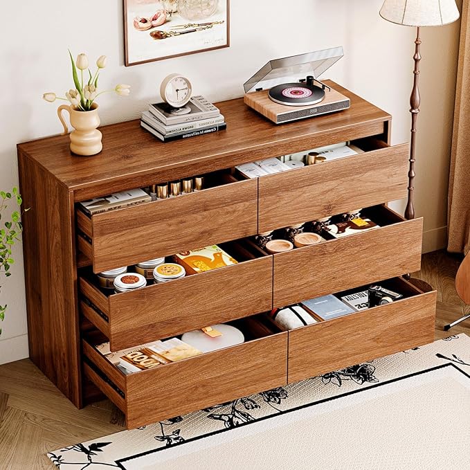 6 Drawer Dresser,47" Wide Mid Century Chest of Drawers,Wooden Bedroom Drawer Dresser with 6 Storage Drawers for Bedroom,Living Room,with Anti-Tipping Device,Dark Walnut