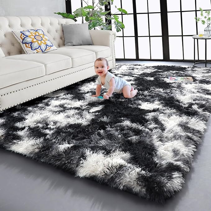 PAGISOFE Black White Grey Rugs for Living Room 5x8, Shag Fuzzy Fluffy Rectangular Rugs for Kids Room Playroom Classroom Dorm Shaggy Soft Carpet for Home Decor Aesthetic Plush Bedside Rug Modern Cool