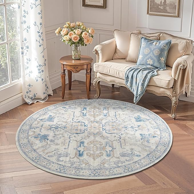 jinchan Round Rug 4ft Area Rug Indoor Vintage Floral Circle 4' Washable Ultra-Thin Low Pile Soft Small Non Slip Distressed Print for Living Room Dining Room Bedroom Entryway Blue