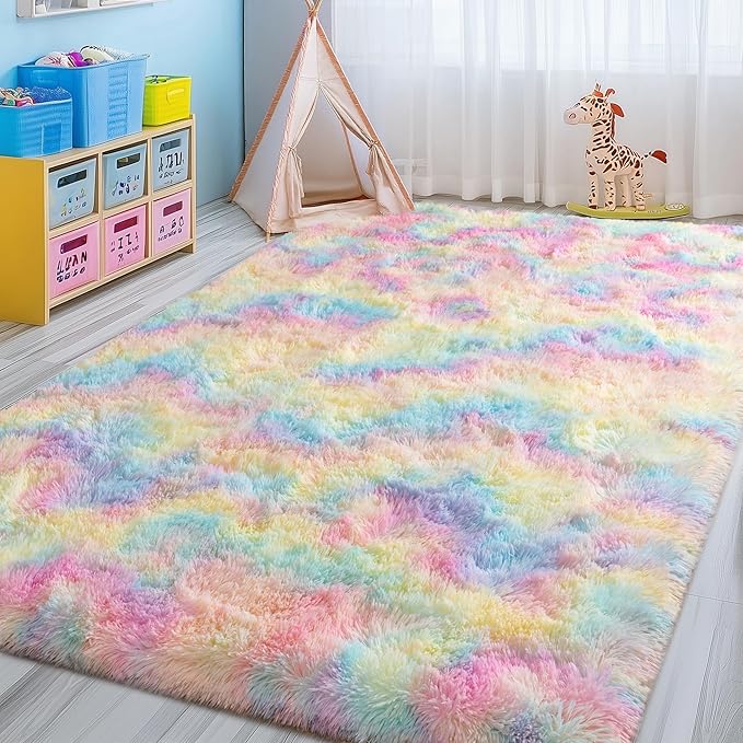 Fluffy Colorful Rainbow Rug 5 x 7, Plush Area Rugs for Bedroom Living Room, Large Fuzzy Carpet for Girls Kids Nursery Room Dorm, Non-Slip & Soft Shag Rug for Home Decor