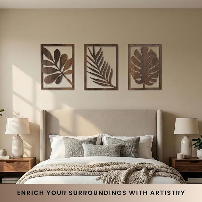 qmmp Modern Wooden Wall Sculptures - Set of 3 - Home Decor Accent - Large Wall Art for Living Room, Bedroom, Office - Easy Installation (Walnut, Large - Tree Leaves)