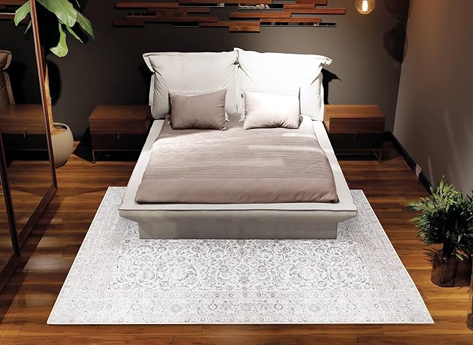 Bloom Rugs Washable Non-Slip 4' x 6' Rug - Beige/Off White Traditional Bordered Area Rug for Living Room, Bedroom, Dining Room, and Kitchen - Exact Size: 4' x 6'