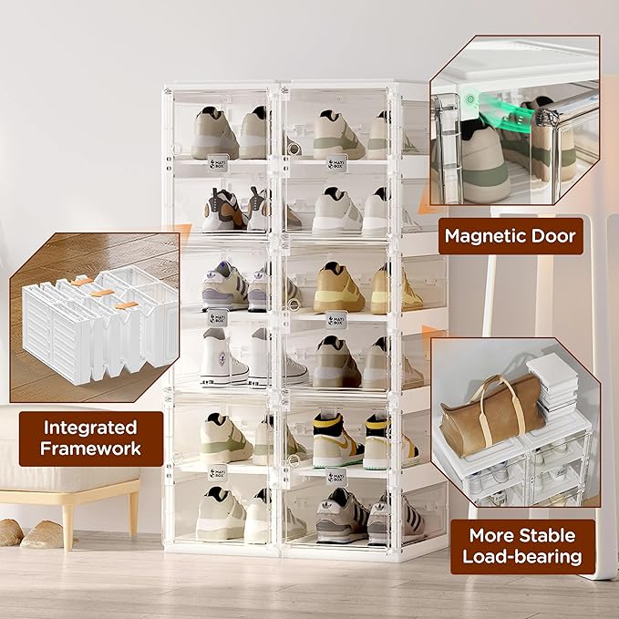 ANTBOX Foldable Shoe Rack,Shoe Organizers for Closet Plastic Shoe Storage Box Space Saving For Entryway, Large Sturdy Stackable Sneaker Cabinet Bins With Magnetic Clear Door 4 Tiers 8 Pairs
