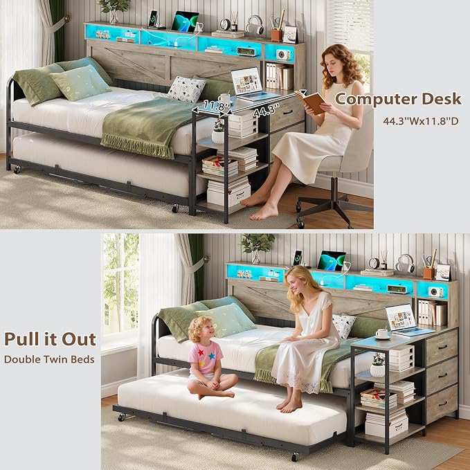 VIAGDO Daybed Twin with Pop Up Trundle, Farmhouse Wooden Day Bed Frame with 3 Storage Drawers and Shelves, Twin to King Daybed with Charging Station and LED Lights for Bedroom, Guest Room, Grey