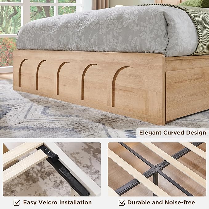 ACCOHOHO Queen Size Bed Frame Modern with 52" Tall Arched Recessed Headboard and 4 Drawers, Solid Wood Slats Support, Wood Platform, Noise Free, No Box Spring Needed, (Natural Oak)