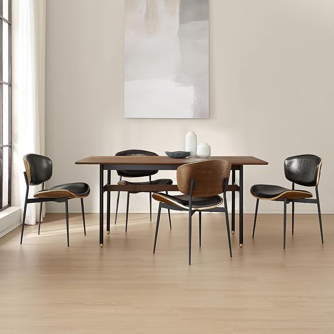 Art Leon Faux Leather Dining Chairs, Set of 2, Mid Century Modern Desk Chair No Wheels, Armless Accent Chair with Black Metal Legs, Black/Walnut