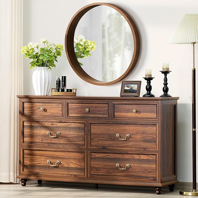 Farmhouse Furniture Set, Nightstands Set of 2 and 7 Drawers Dresser for Bedroom, 54 Inch Wide Wood Dresser and 24" Night Stands with Charging Station for Bedroom, Living Room, Hallway