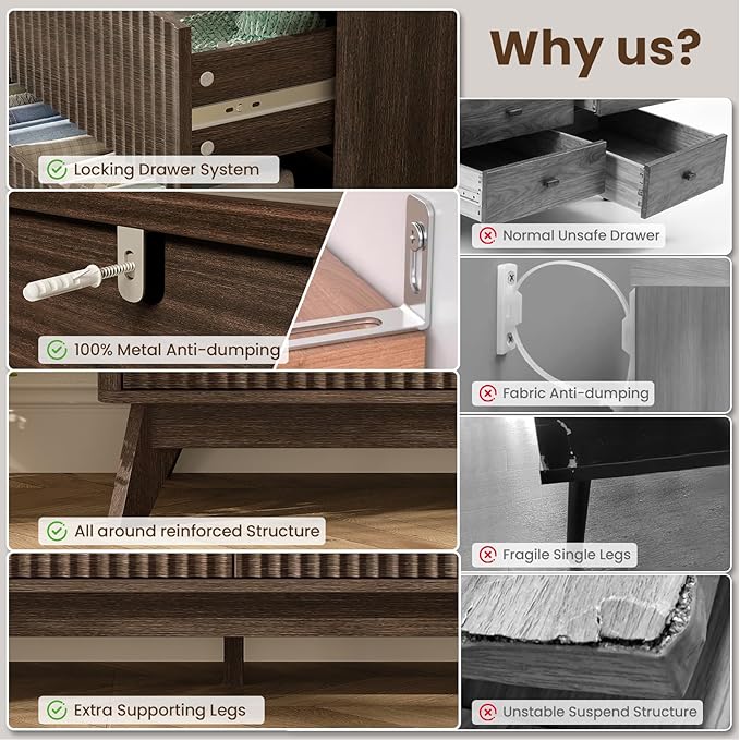 47'' Wide 6 Drawers Dresser for Bedroom,Modern Fluted Vertical Chest with Rounded Corners,Fluted Dresser for Living Room,Hallway, Walnut