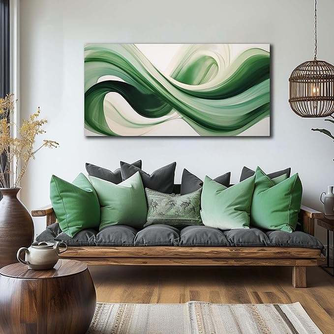 JuhaiArt Green Wall Art for Bedroom White Wall Decor 24"x 48" in Wall Paintings Abstract Picture Art for Living Room Home Kitchen Modern Prints Artwork