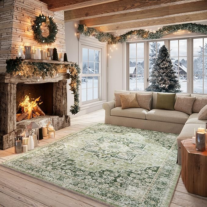 6×9 Machine Washable Rug for Living Room, Boho Vintage 6×9 Area Rug，Distressed Accent Low Pile Ultra Soft Large Carpet for Bedroom Bathroom Dining Room, Floral/Green