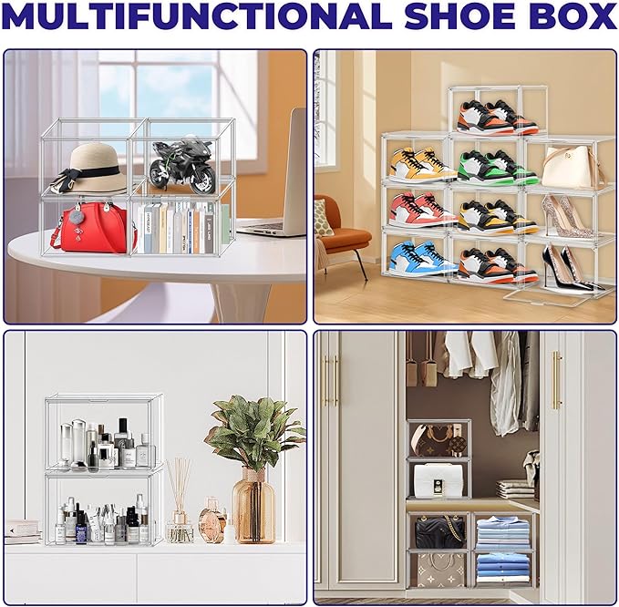 12 Pack Acrylic Shoe Large Storage Box with Magnetic Door Size 13 Clear Stackable Shoe Organizer for Closet Space Saving Shoe Cabinet Sneaker Display Case