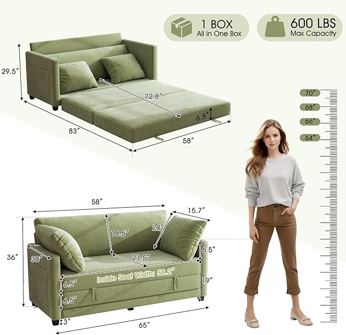 65" Loveseat Sleeper Sofa Bed, Chenille Convertible Floor Sofa Bed for Small Spaces, Folding Couch Bed with Deep Seat, 2 Pillows & Solid Frame, Pull Out Floor Couch for Living Room, Green