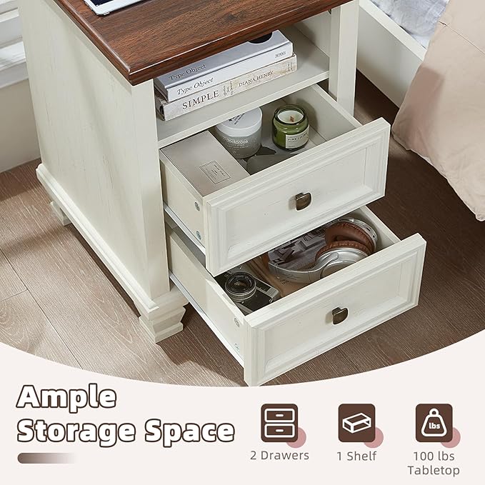SAVOR LIFE Farmhouse Nightstand Set of 2 with Charging Station, Antique Nightstands with Drawers, Bedside Table with Open Shelf for Bedroom, White