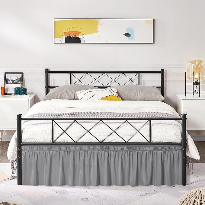 Biscaynebay Wrap Around Bed Skirts with Split Corners for Queen Beds 16" Drop, Silver Grey Elastic Dust Ruffles Adjustable Easy Fit Wrinkle & Fade Resistant Silky Luxurious Fabric Machine Washable