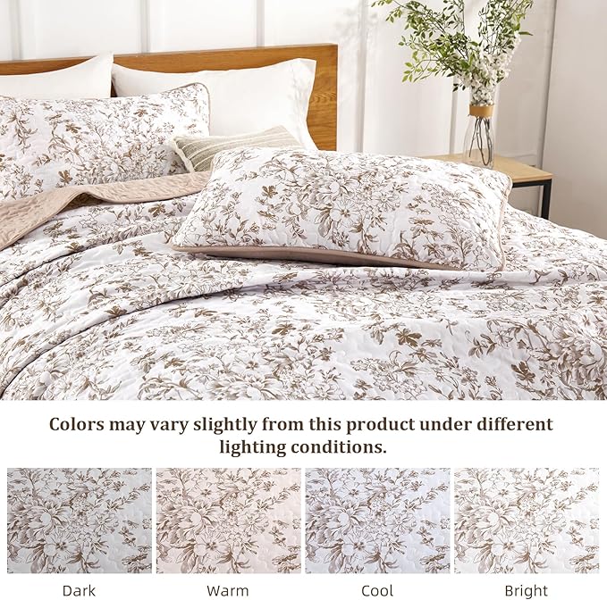 WONGS BEDDING Queen Size Quilt Set, Brown Quilt Bedding Set with 2 Pillowcases, Botanical Quilt for Queen Bed, Soft Microfiber Lightweight Coverlet Bedspread for All Season (96"×90", 3 Pieces)