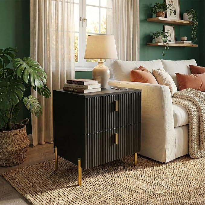 Luxury Fluted Night Stand, Nightstand with 2 Drawers, Modern Bedside Table with Golden Legs and Handles, End Tables for Living Room Bedroom, Black