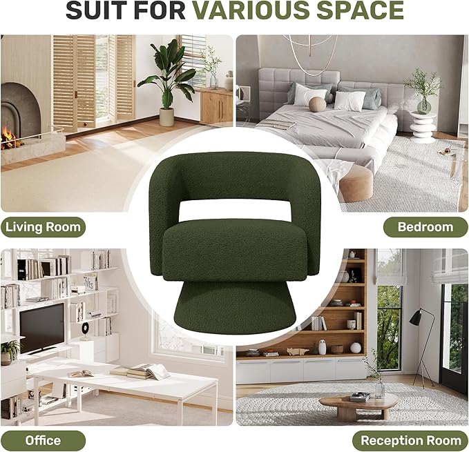 Swivel Accent Chair, Modern Comfy Teddy Barrel Chairs, Oversized Upholstered Round Arm Chair for Living Room, Bedroom, Reading Room, Green, 1 PCS