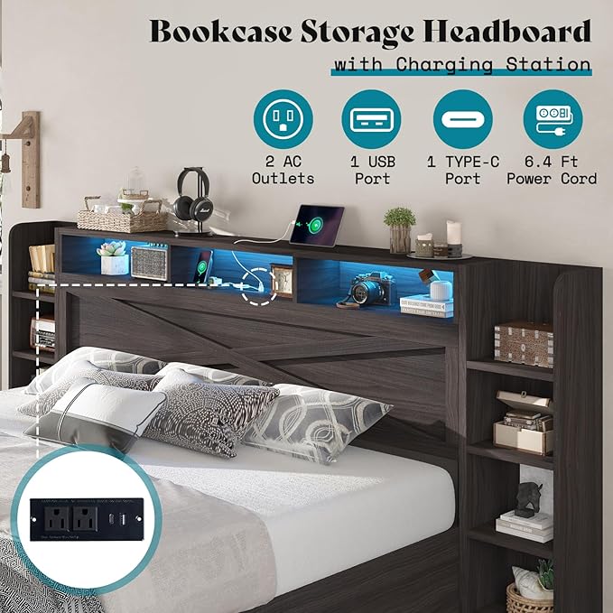 AMERLIFE Full Size Lift Up Storage Bed Frame, 45.1" LED Bed Frame with 2 Side Shelf & Bookcase Headboard, Farmhouse Wood Platform Bed with Charging Station, No Box Spring Needed, Black