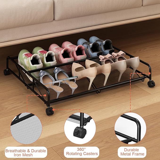 Under Bed Shoe Storage Organizer, Metal Mesh Under Bed Storage Containers with Wheels, Shoe Organizer Drawer Space Saving for Bedroom, 1 Pack