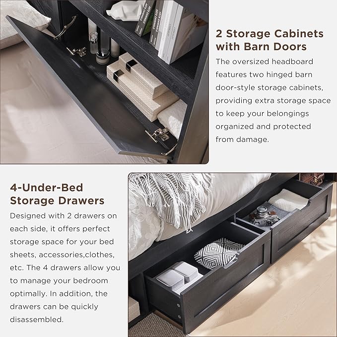 ACCOHOHO Farmhouse King Size Bed Frame with 52" High Storage Bookcase Headboard and 4 Drawers,Wooden Bed Frame with LED Light and Charging Station,Black