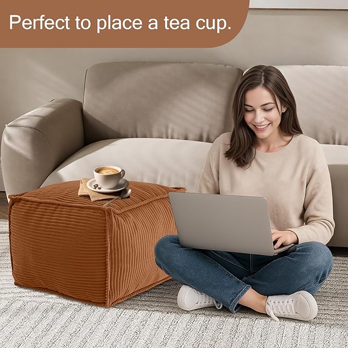 MeMoreCool Stuffed Pouf Ottoman Foot Rest Square, Corduroy Floor Pouf Foot Stool with Foam Chunk Filling, Soft Stuffed Ottoman Footrest for Living Room, Coffee