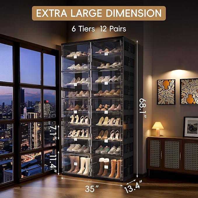 JEKO&JEKO 9-Tier Foldable Shoe Storage Cabinet with Magnetic Doors, Large Stackable Shoe Organizer Cabinet for Entryway, Clear Front Door Shoe Boxes Hold Up to 36 Pairs (Black)