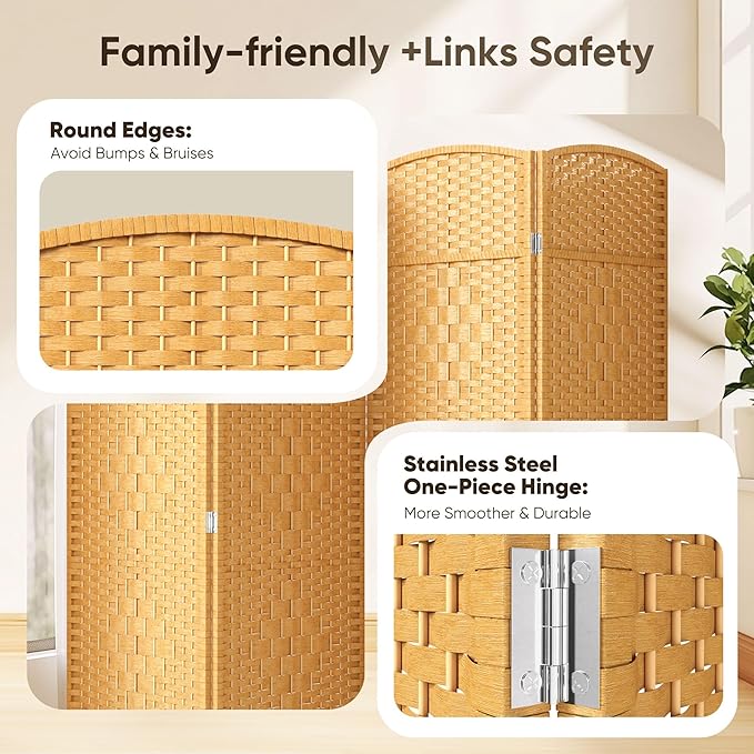 JOSTYLE 6ft. Tall Extra Wide Folding Privacy Screens with Diamond Double-Weave Room dividers and Freestanding Privacy Screens(Yellow, 4-Panel)