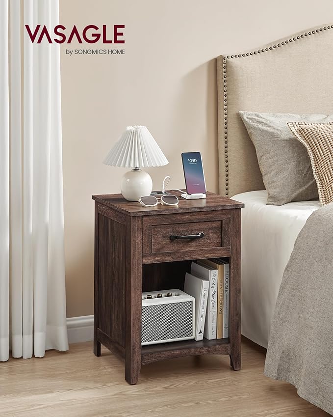 VASAGLE LIRY Collection - Farmhouse Nightstand with Charging Station, Bedside Table, Side Table with Drawer, Open Compartment, for Bedroom, Maroon Brown ULET659K51
