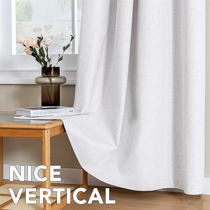 H.VERSAILTEX Linen Curtains 100% Blackout Curtains for Bedroom 45 inch Long Full Light Blocking Nature Linen Blended Window Curtains for Living Room Nickel Grommet (2 Panels, Heathered White)