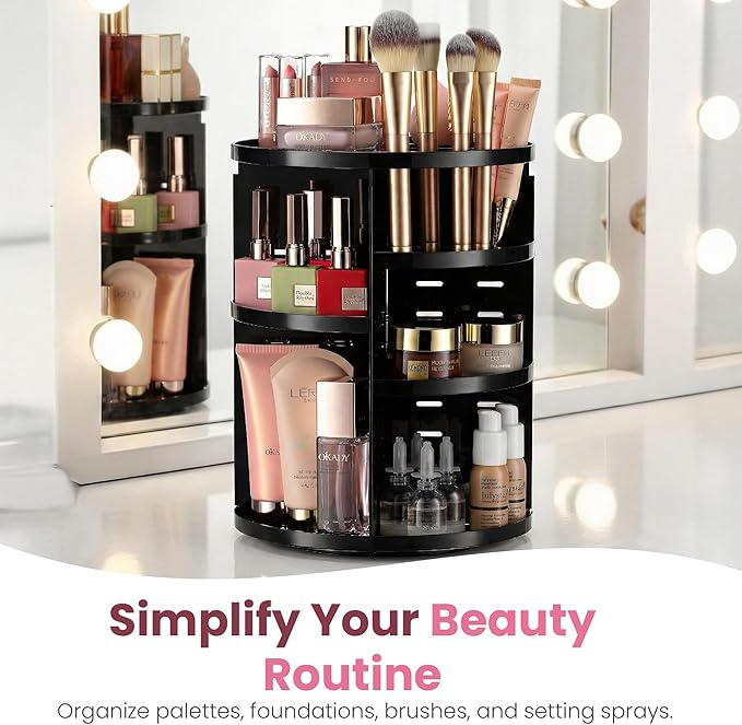 360 Rotating Makeup Organizer - Adjustable Shelf Height and Fully Rotatable. The Perfect Cosmetic Organizer for Bedroom Dresser or Vanity Countertop. (Black)