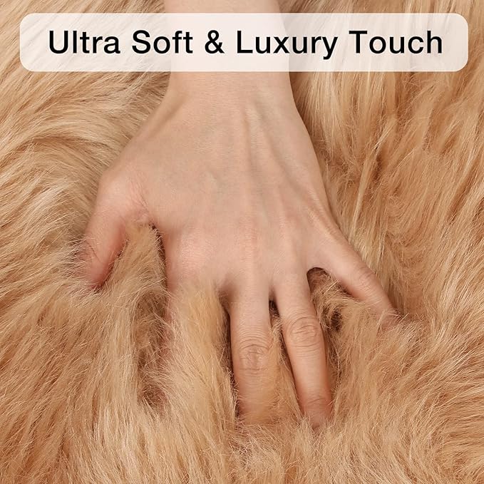 duduta Beige Faux Sheepskin Throw Rug 2x3 ft, Fluffy Shag Fur Chair Cover Small Bedside Dorm Rug Non Slip Machine Washable