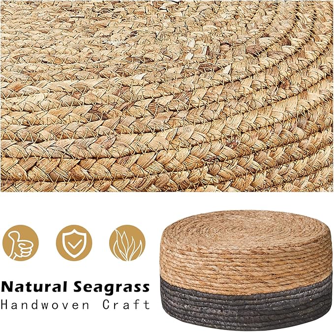 Wimarsbon Round Foot Stool Natural Seagrass Poufs Ottoman Hand Weave Footrest Stool for Couch Desk Extra Seat Step Stool with Solid Wood Legs for Hallway Patio Lounge Black